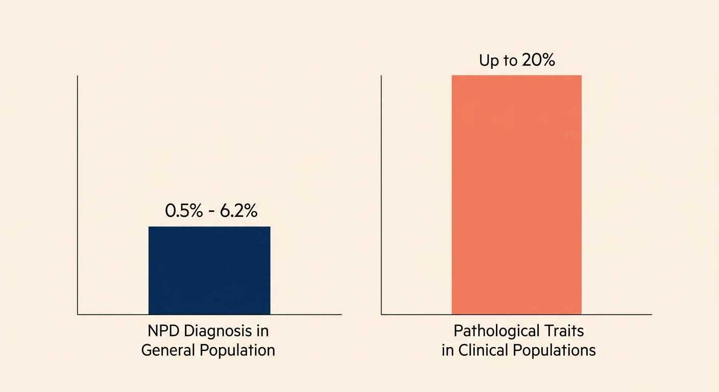 A horizontal bar chart comparing NPD rates in the general population (0.5% to 6.2%) to pathological traits in clinical settings (up to 20%).