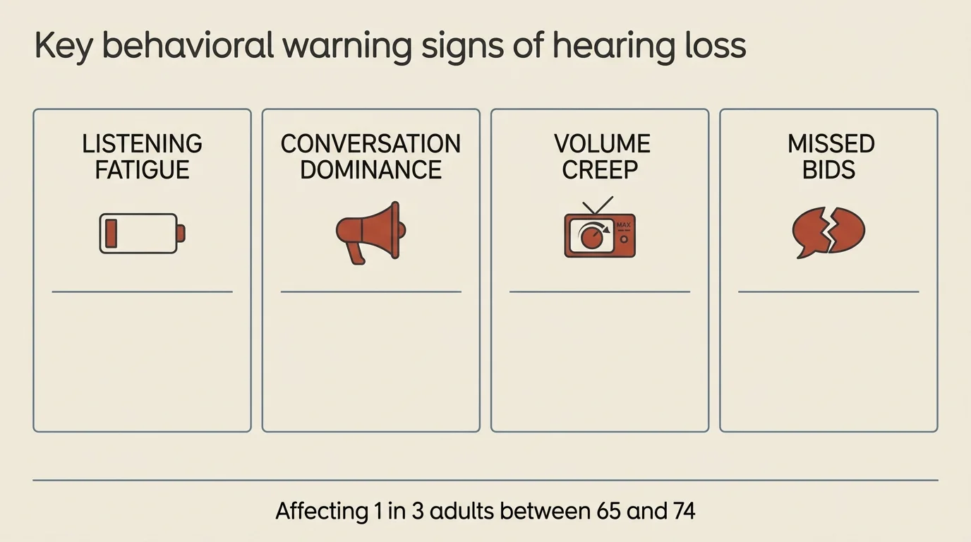 A horizontal infographic showing four cards with icons representing listening fatigue, conversation dominance, volume creep, and missed bids