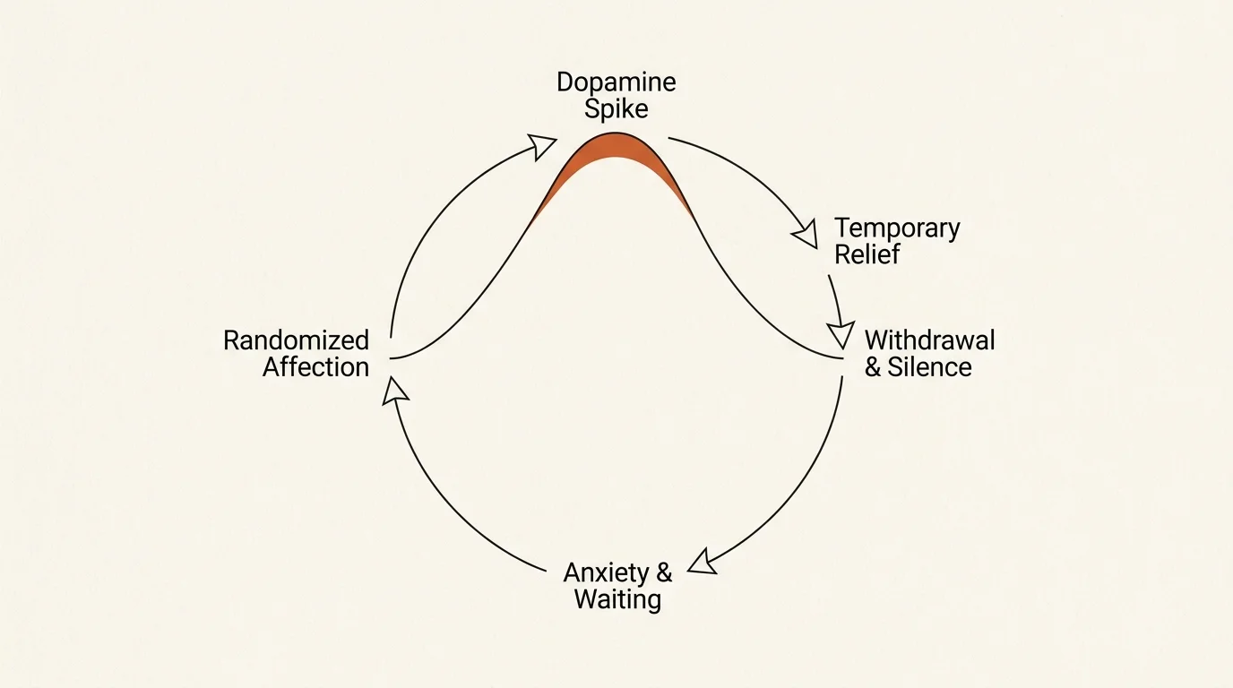 A minimalist circular diagram explaining the loop of intermittent reinforcement, dopamine spikes, and withdrawal.