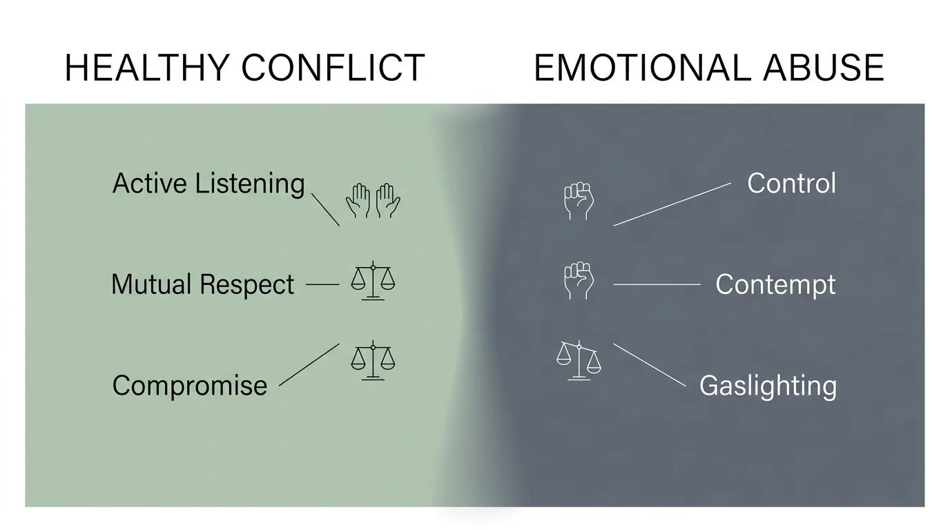 A minimalist comparative diagram contrasting 'Healthy Conflict' in sage green with 'Emotional Abuse' in dark slate grey.