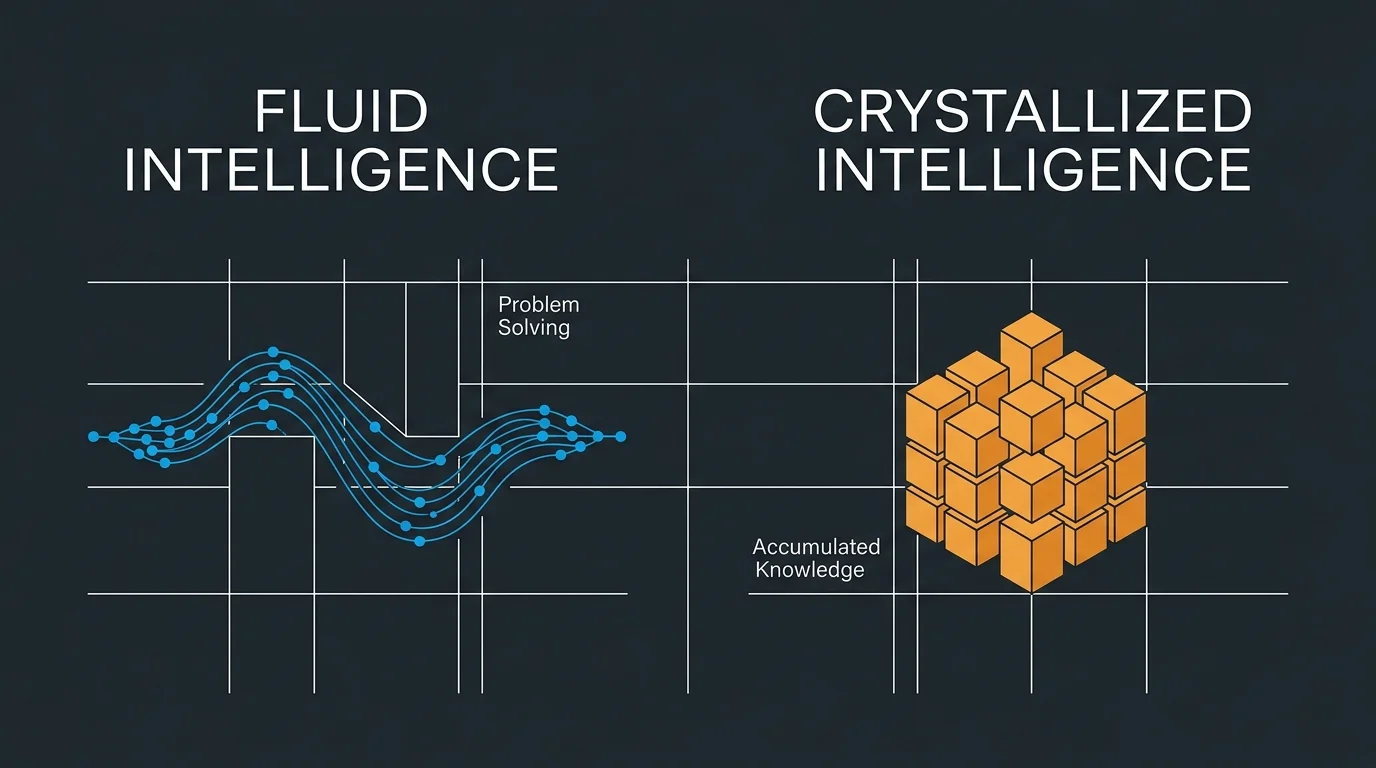 A minimalist diagram comparing fluid intelligence as a flowing blue stream and crystallized intelligence as a structured orange crystal grid