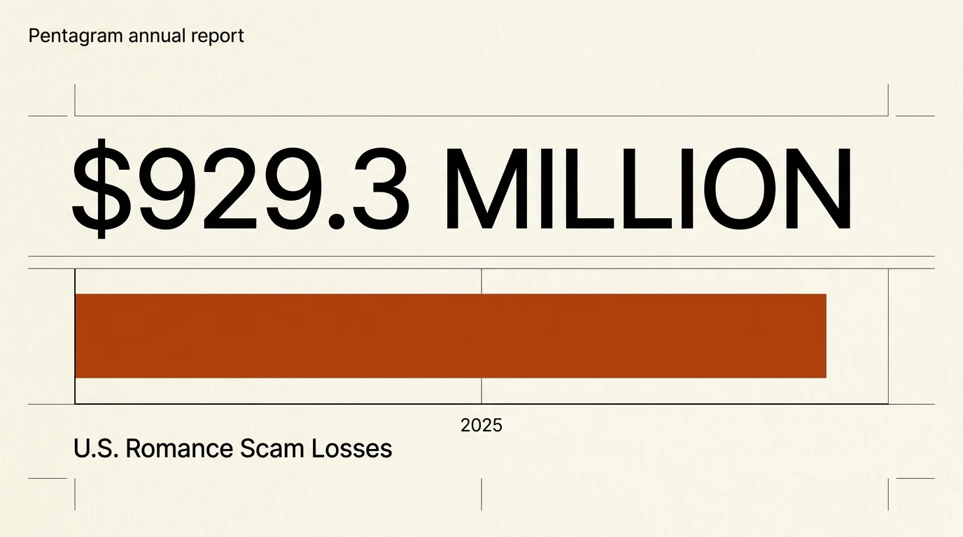 A minimalist editorial chart displaying the statistic of $929.3 million lost to romance scams in 2025.