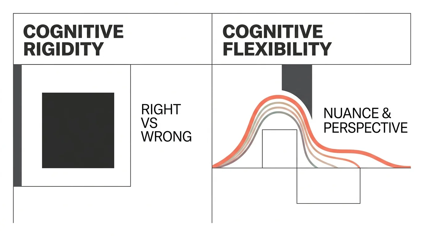 A minimalist editorial diagram contrasting rigid black-and-white binary blocks with a flexible, flowing color spectrum.