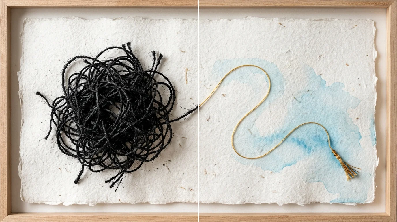 A mixed media collage contrasting a chaotic knot of black twine with a single, flowing golden thread to debunk trauma myths.
