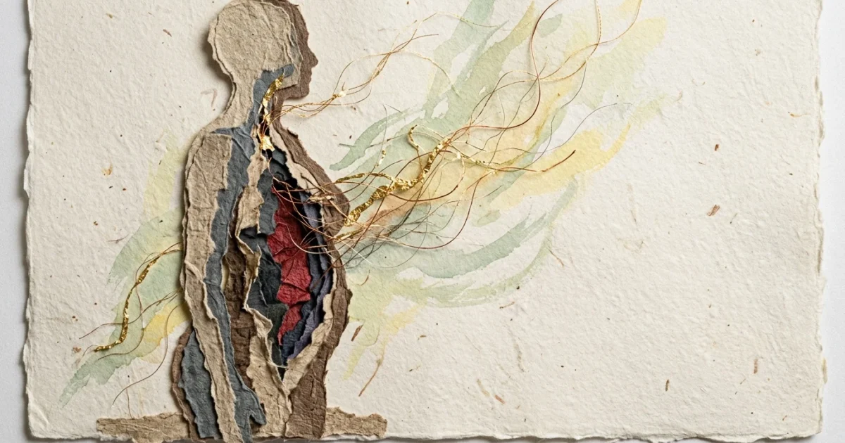 A mixed media collage of a human silhouette with layered torn paper in indigo and gold, symbolizing trapped physical energy and healing.