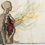 A mixed media collage of a human silhouette with layered torn paper in indigo and gold, symbolizing trapped physical energy and healing.