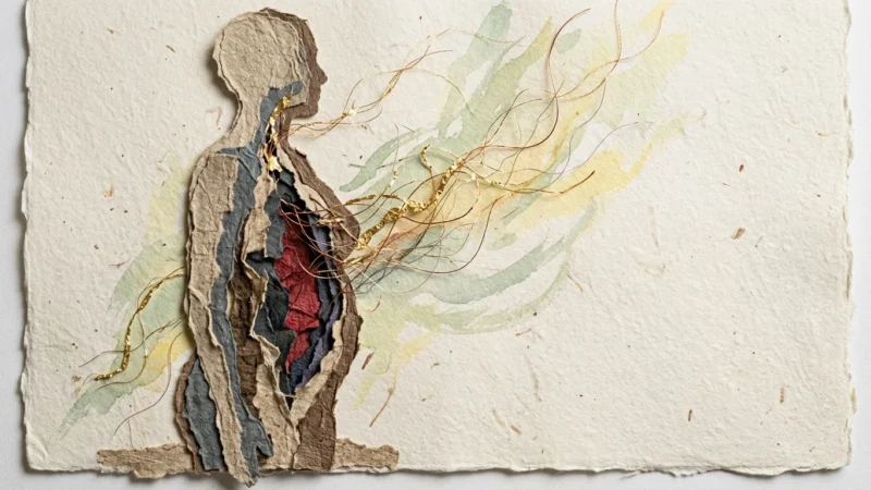 A mixed media collage of a human silhouette with layered torn paper in indigo and gold, symbolizing trapped physical energy and healing.