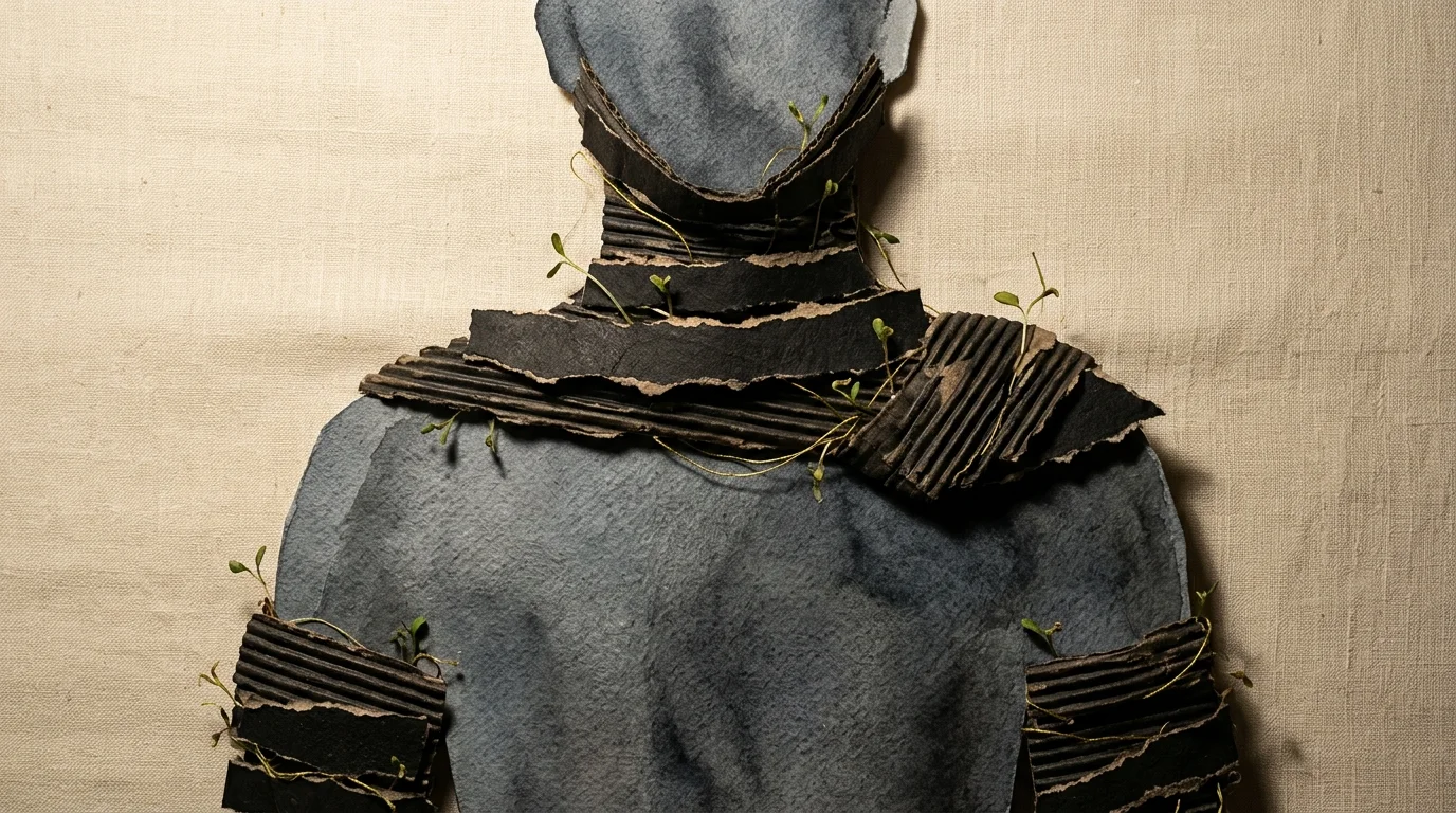 A mixed media collage showing a silhouette with heavy, dark paper layers wrapped around the shoulders, symbolizing muscular armoring.