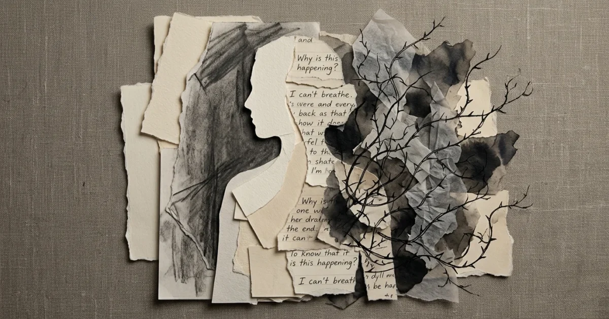 A mixed-media collage silhouette of a person made from torn paper, charcoal sketches, and ink washes, representing fragmented self-trust.