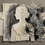 A mixed-media collage silhouette of a person made from torn paper, charcoal sketches, and ink washes, representing fragmented self-trust.