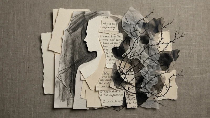 A mixed-media collage silhouette of a person made from torn paper, charcoal sketches, and ink washes, representing fragmented self-trust.