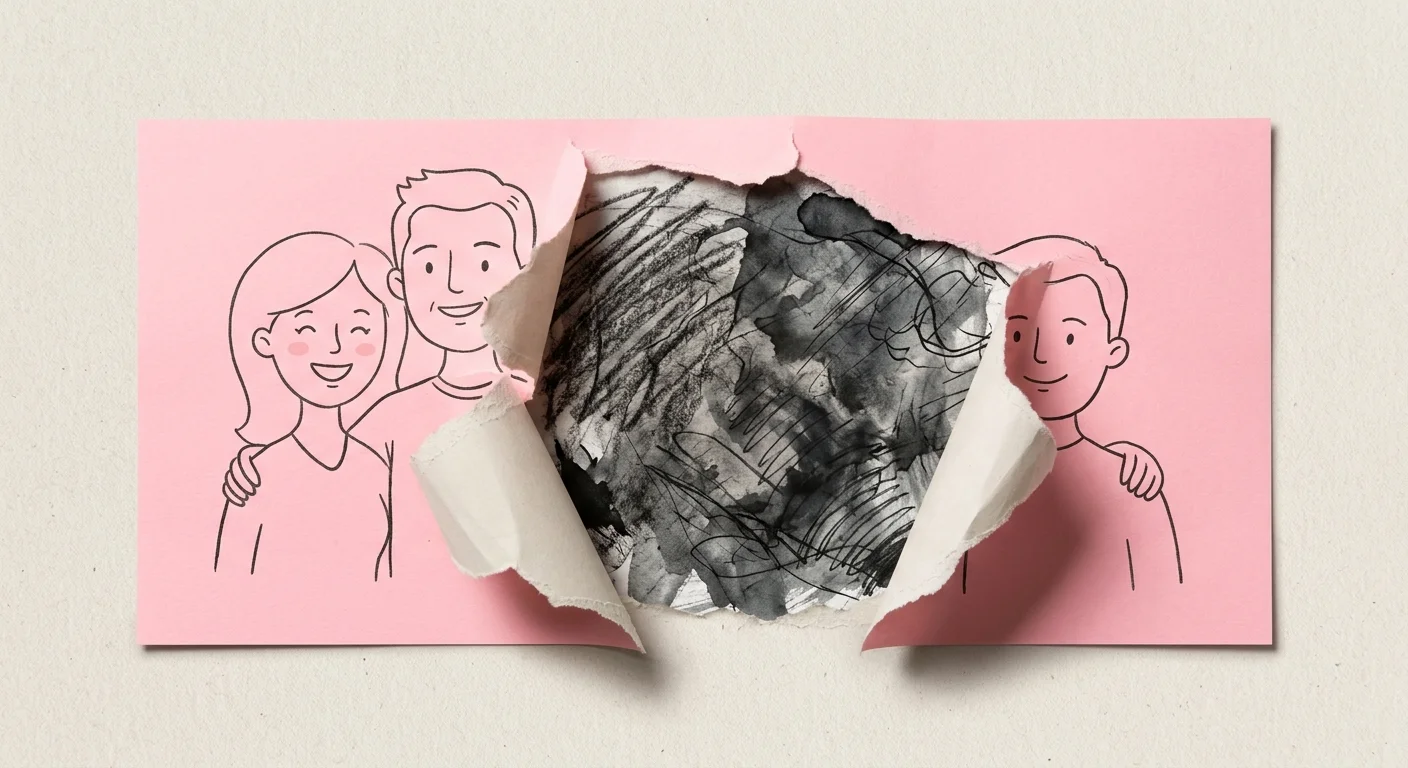 A mixed-media piece showing a cheerful pastel pink illustrated cover peeling back to reveal dark, chaotic charcoal textures underneath.