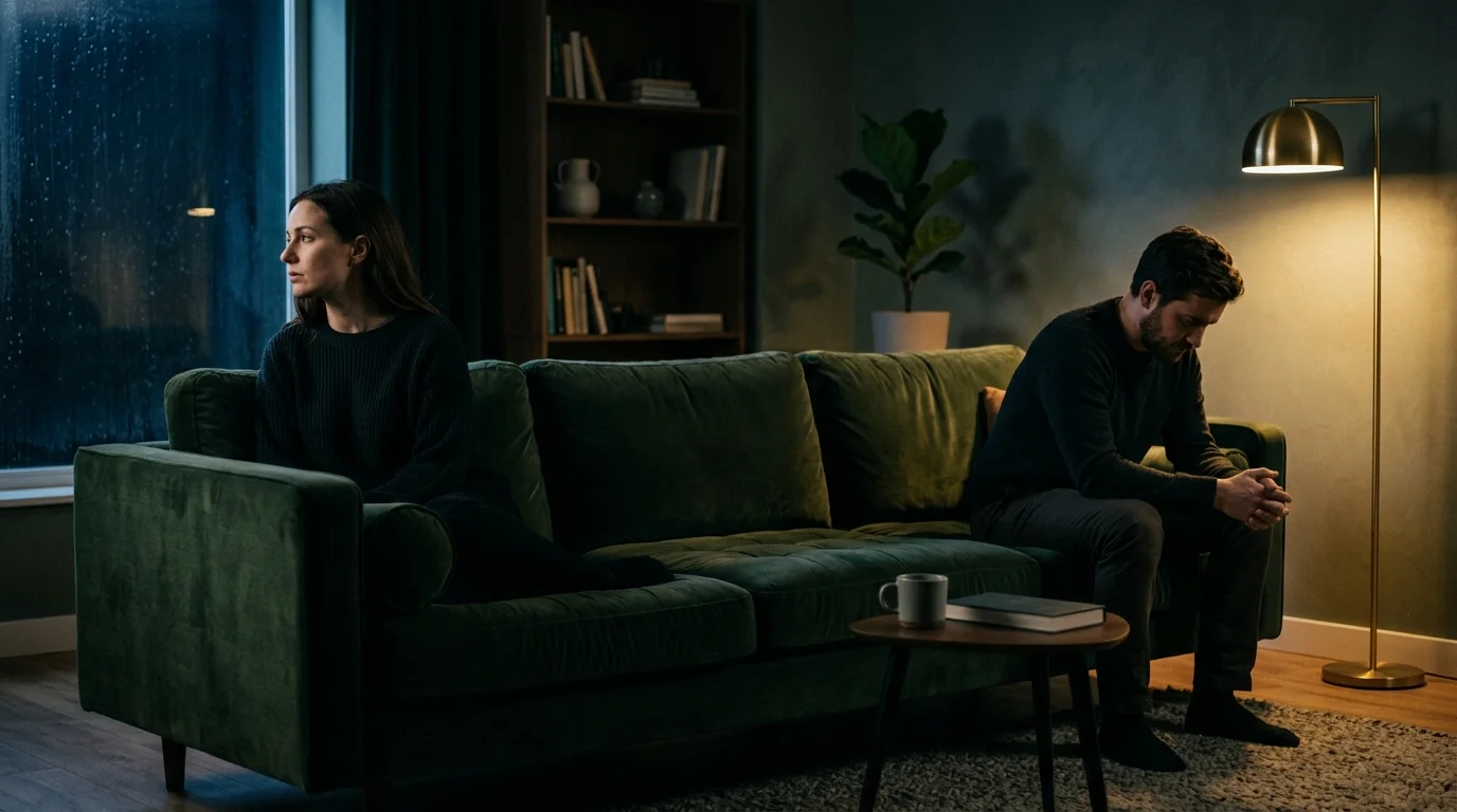 A moody, cinematic photo of a couple sitting far apart on a green velvet sofa at night, showing emotional distance.