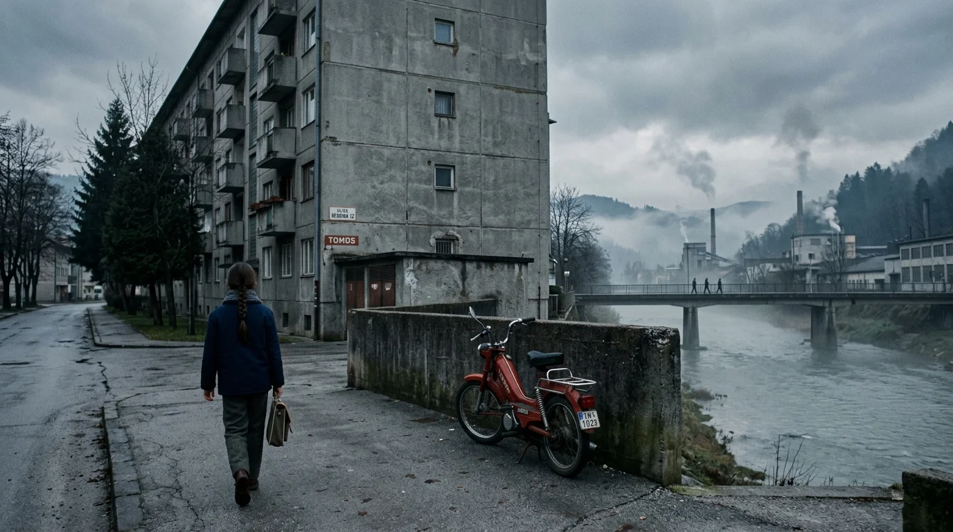 A nostalgic 35mm film photo of a young girl walking past a brutalist concrete building in a quiet, misty Eastern European town.