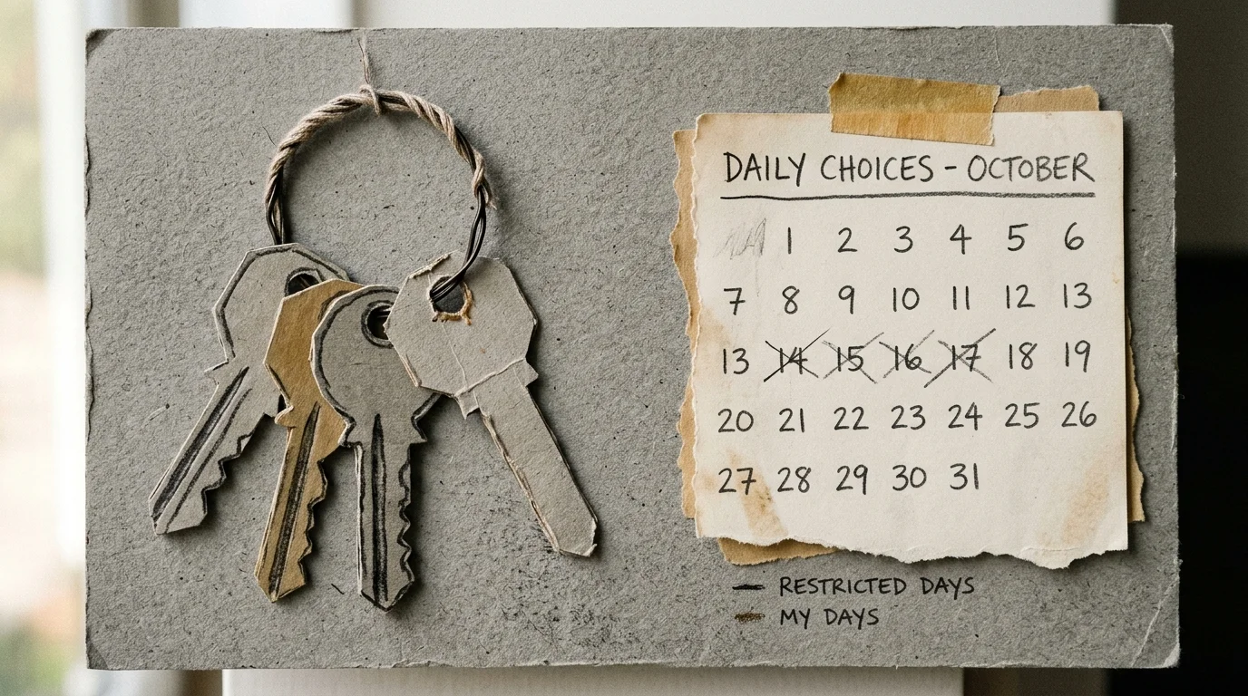A paper-cut collage featuring a key ring with a missing key and a crossed-out calendar, representing a loss of daily autonomy.