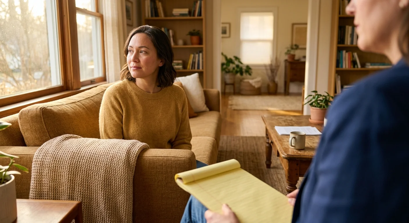 A parent sitting on a sunlit sofa during a therapy session, looking relaxed and focused.