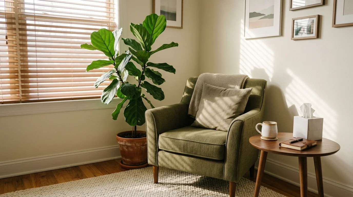 A peaceful, empty therapy room corner with an olive green armchair, a plant, and soft sunlight filtering through blinds.
