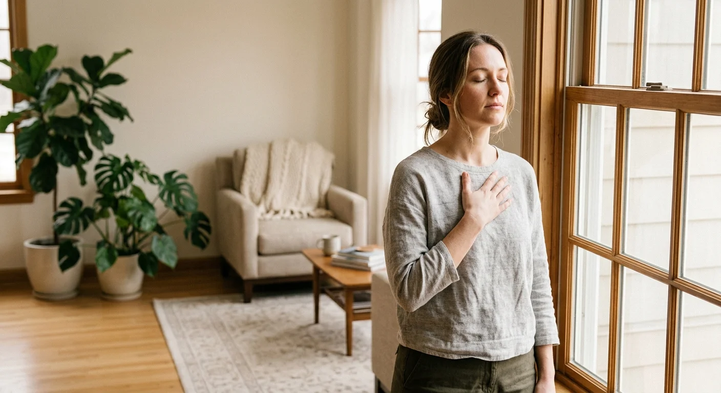 A peaceful photograph of a woman standing by a window with her eyes closed, taking a deep breath to self-regulate and set a boundary.