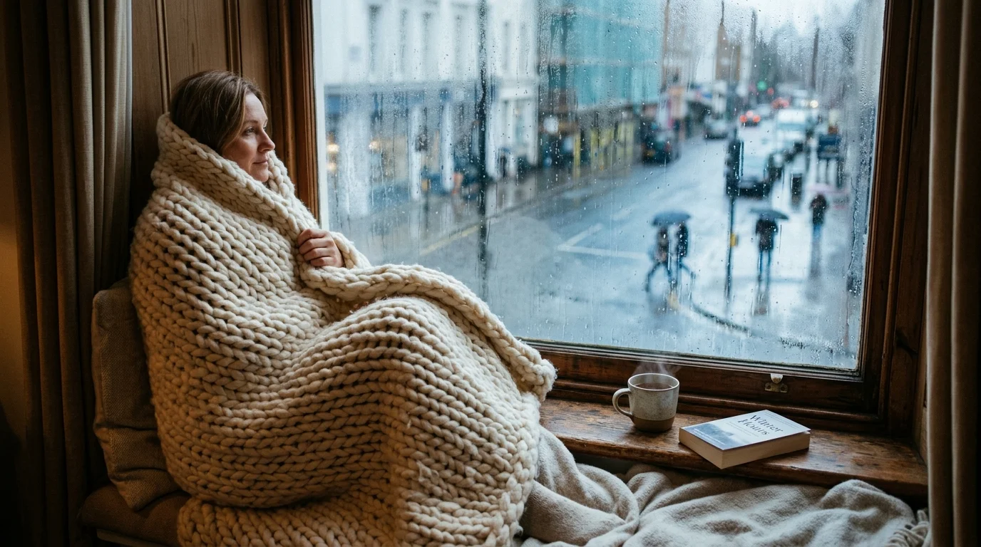 A person cocooned in a thick blanket on a window seat, looking out at a rainy street with an unread book nearby.