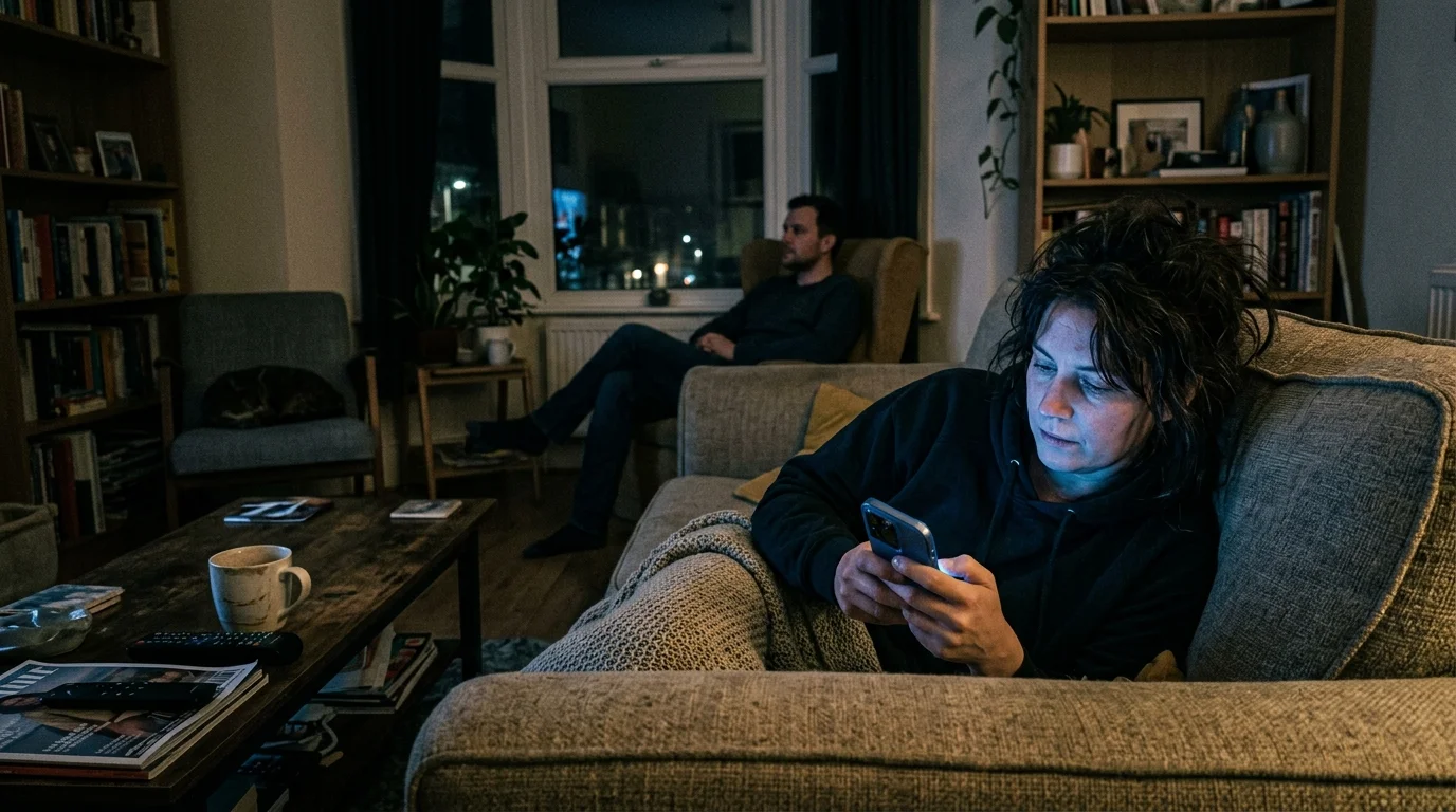 A person lies on a sofa at night, lit only by their phone screen, while their partner sits in the dark background.