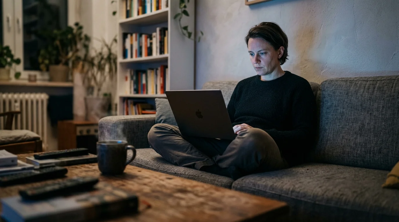 A person on a sofa at night looking closely at a laptop screen showing a sparse, empty online profile.