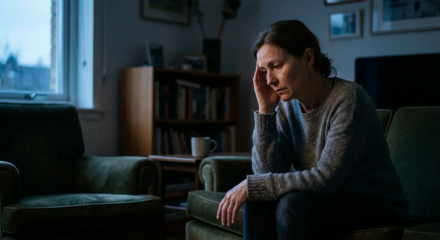 A person sits alone in a dimly lit room at dusk, looking down thoughtfully in a moment of quiet emotional exhaustion.