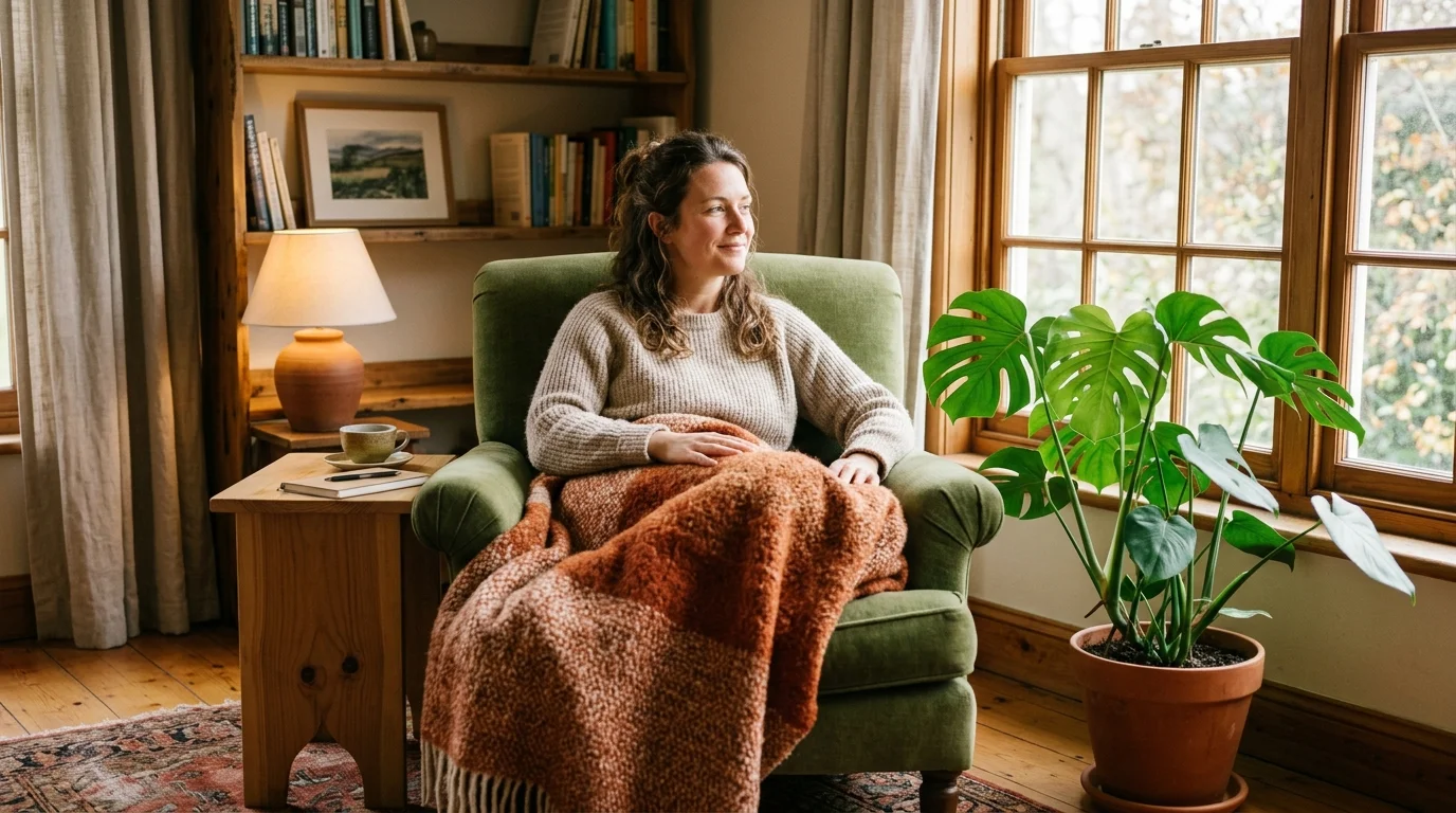 A person sitting comfortably in a moss-green armchair with a blanket in a warm, peaceful sunlit room.