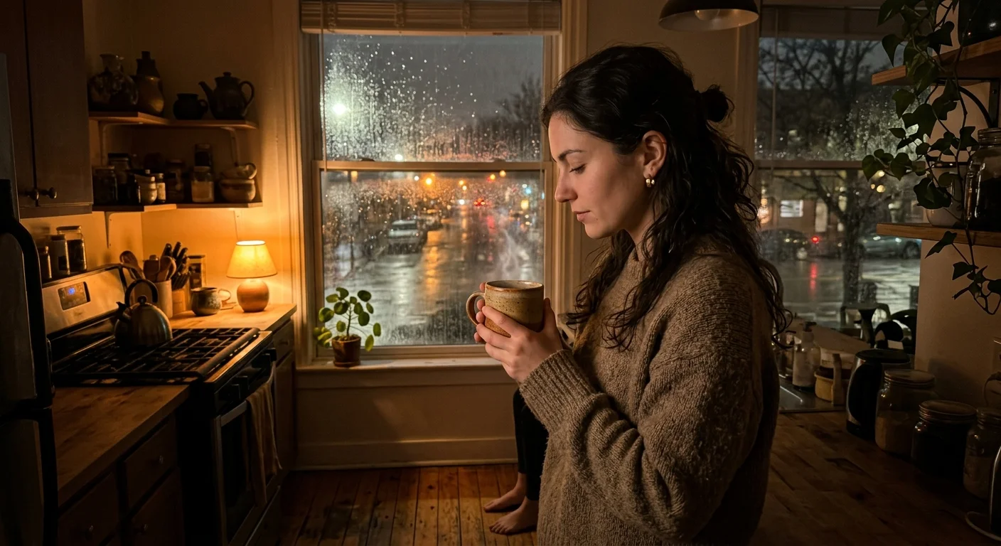A person stands in a warm, quiet kitchen holding a steaming mug, reflecting in a moment of self-validation.