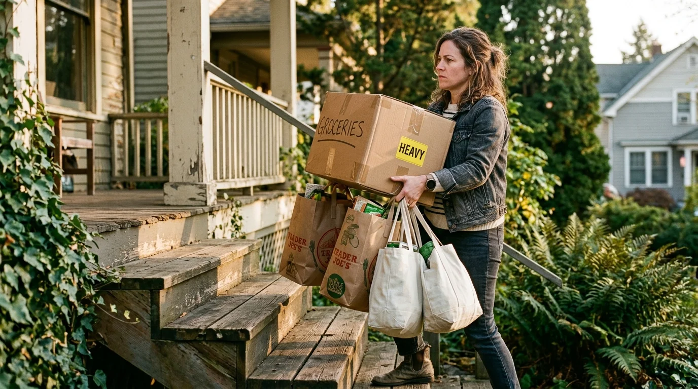A person struggling to carry too many heavy grocery bags and boxes up wooden steps alone.