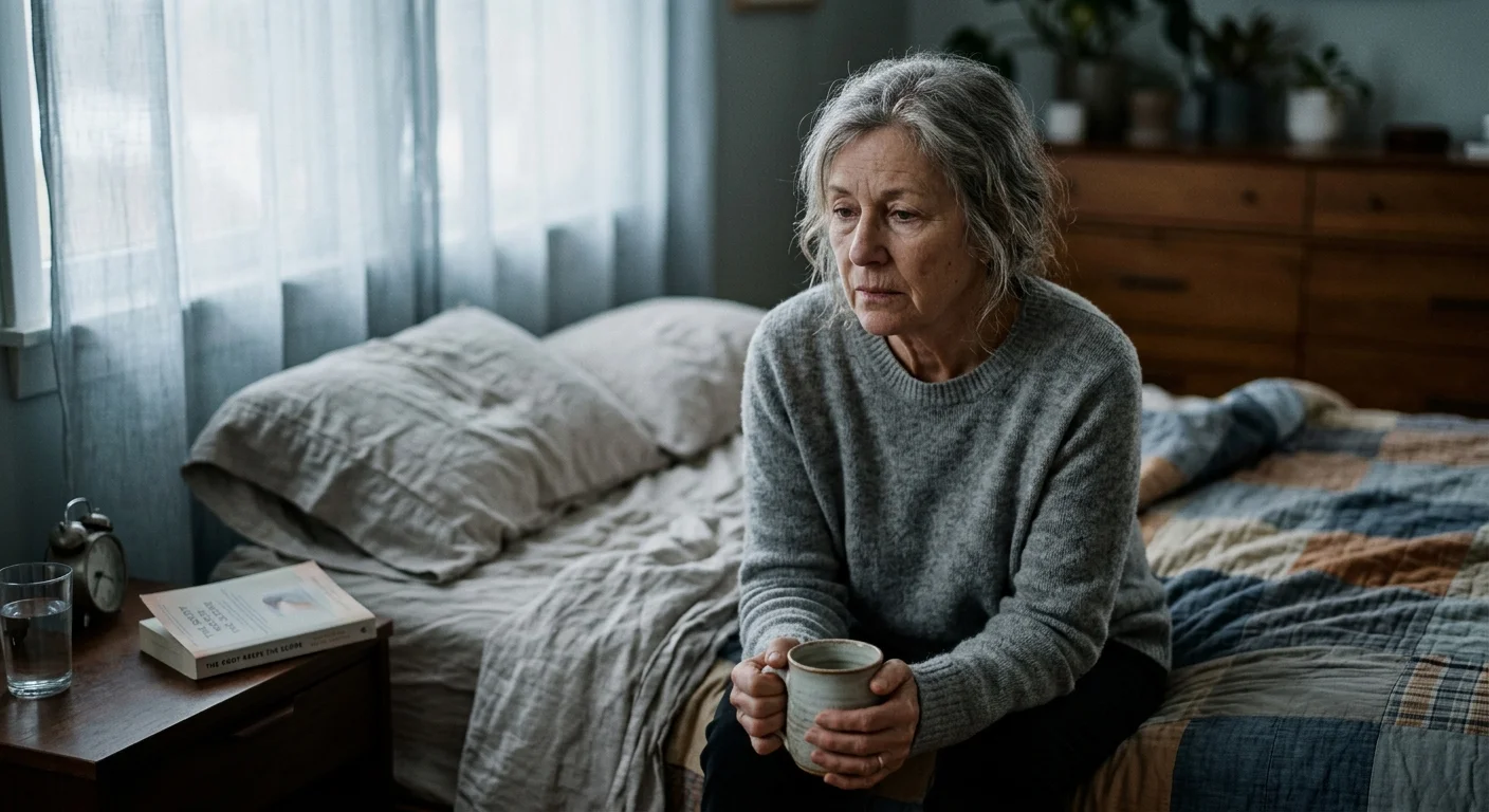 A quiet photograph of an older woman sitting on the edge of her bed in morning light, holding a mug with a thoughtful, tired expression.