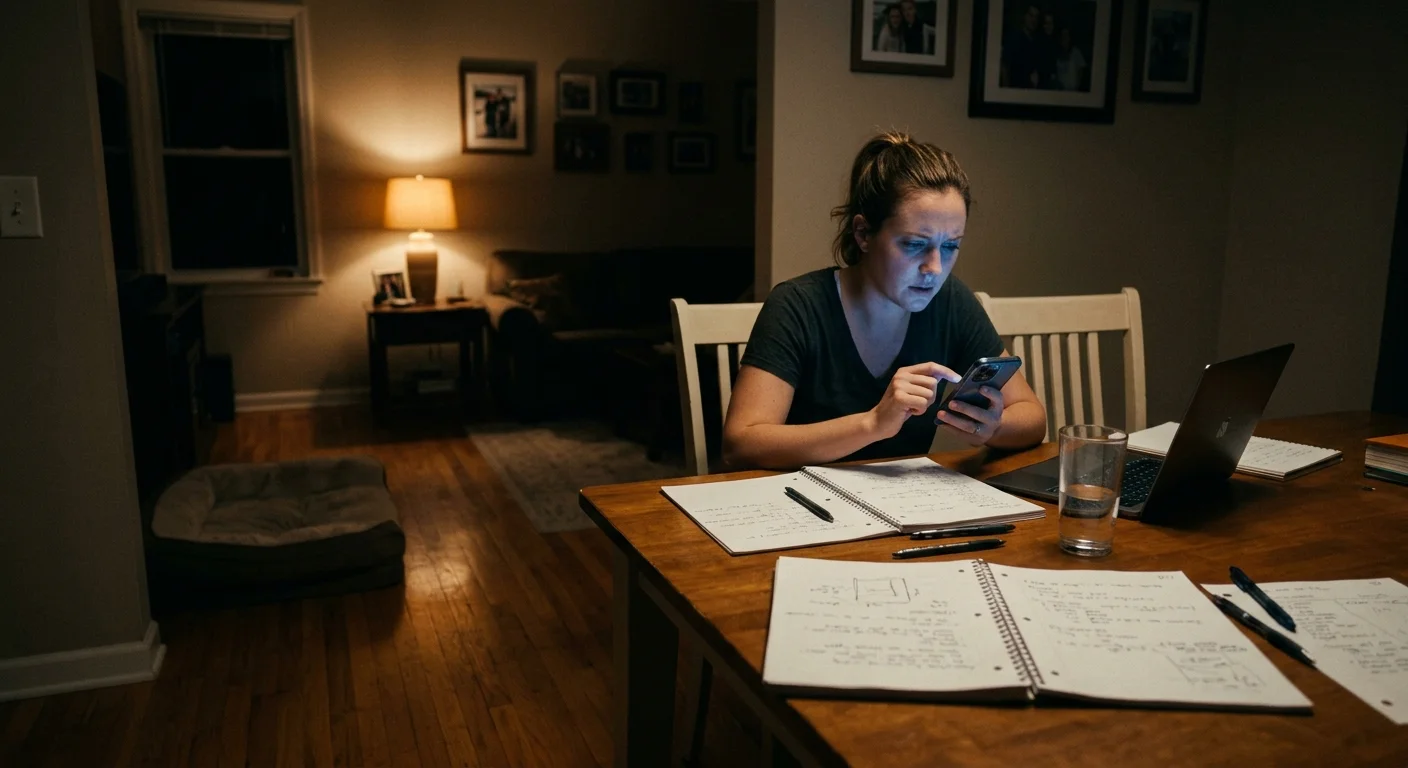 A realistic documentary photograph of a woman sitting alone at a dining table at night, looking puzzled at her phone screen.