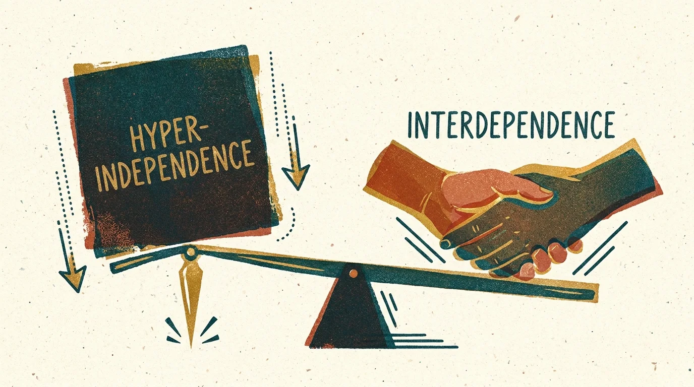 A Risograph style illustration of a scale balancing an unstable block of hyper-independence against a stable grip of interdependence.