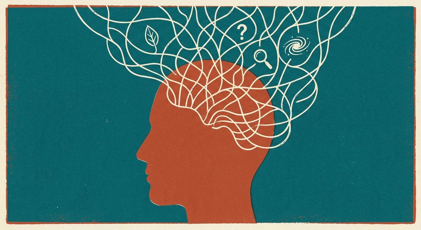 A screenprint illustration of a head silhouette in red with a network of white lines growing out of it, connecting icons of a leaf, galaxy, 