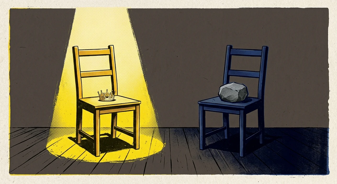 A screenprint illustration of two chairs: one in a bright yellow spotlight with a crown, the other in deep blue shadow with a stone.