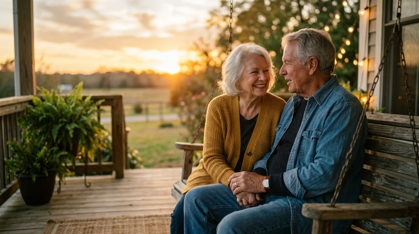 A senior couple sits close together on a porch swing at sunset, holding hands and communicating face-to-face with warm, loving smiles.