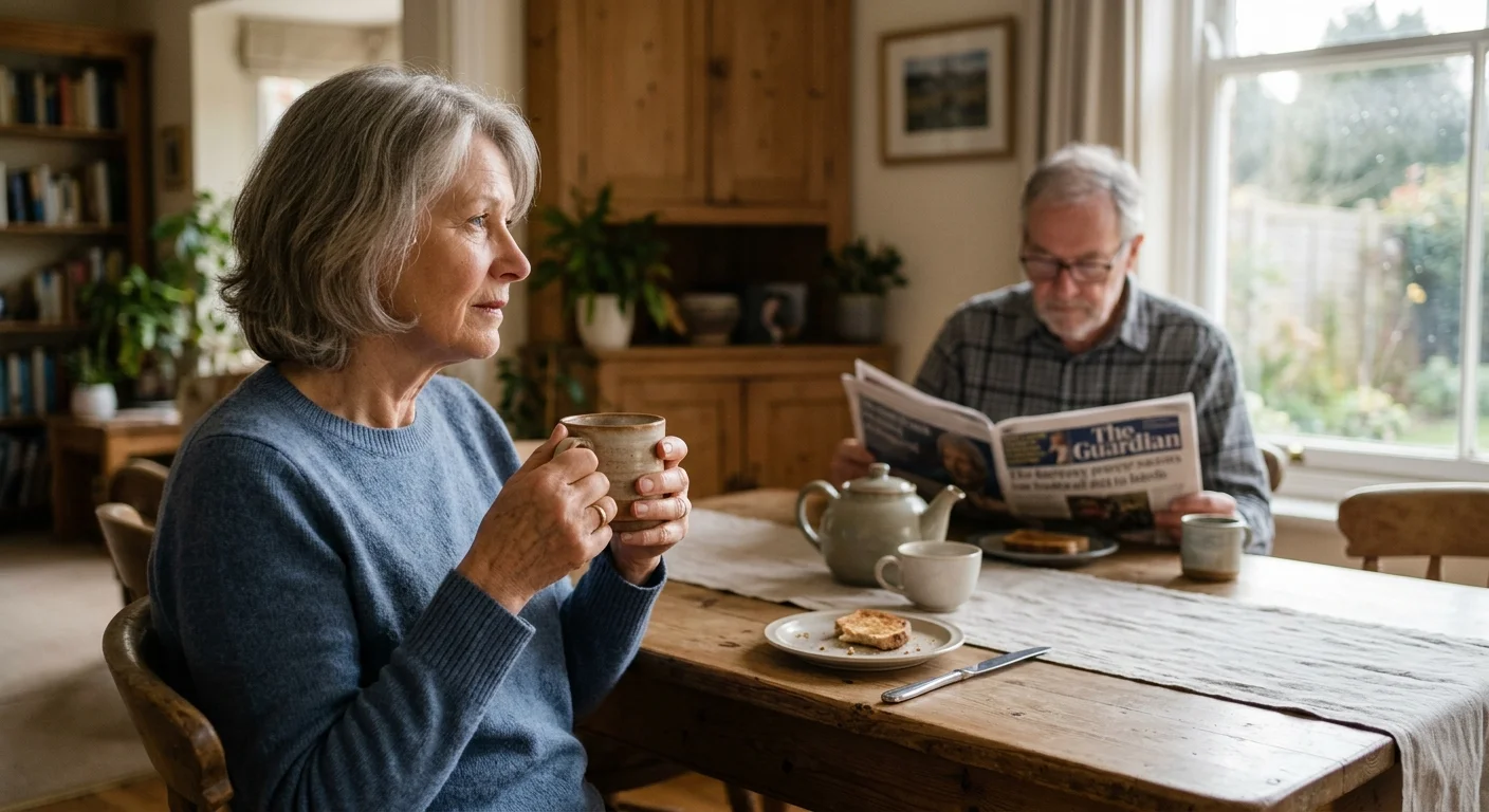 A senior woman looks longingly at her husband across a dining table while he reads the paper, illustrating a quiet moment of missed connecti