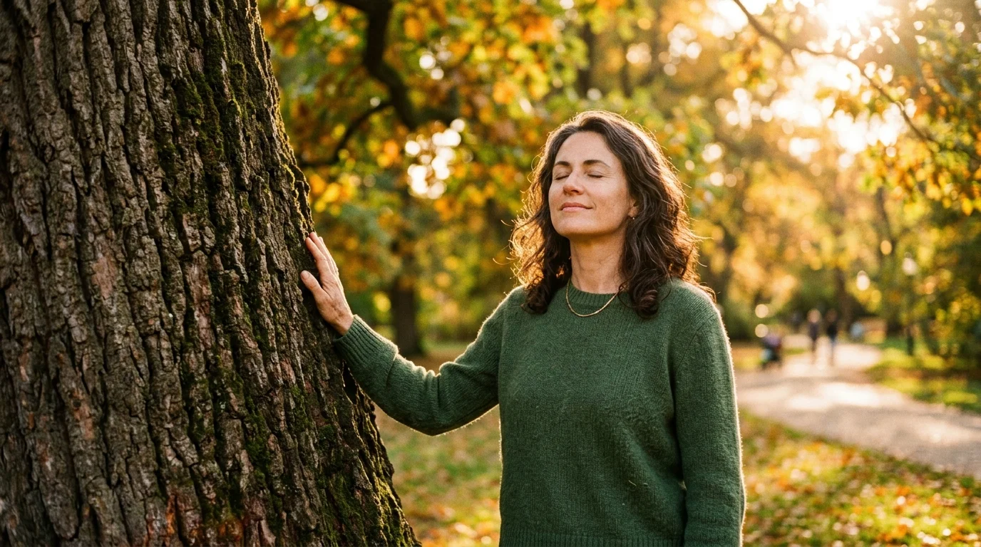 A serene person standing in a park with eyes closed, touching a tree trunk under warm golden hour sunlight.