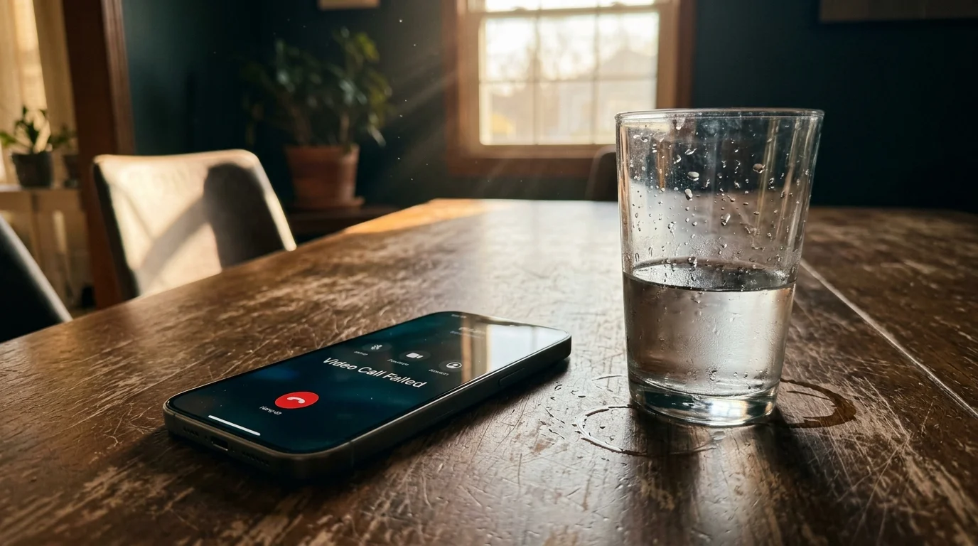 A smartphone on a wooden table displaying a failed video call screen in warm afternoon light.