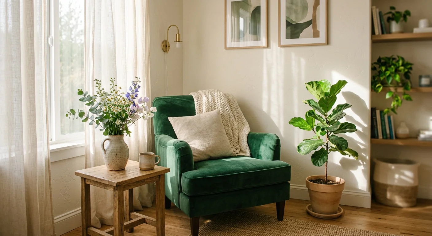 A sunlit corner of a therapy room featuring a green velvet armchair, a small table with flowers, and a leafy green plant.