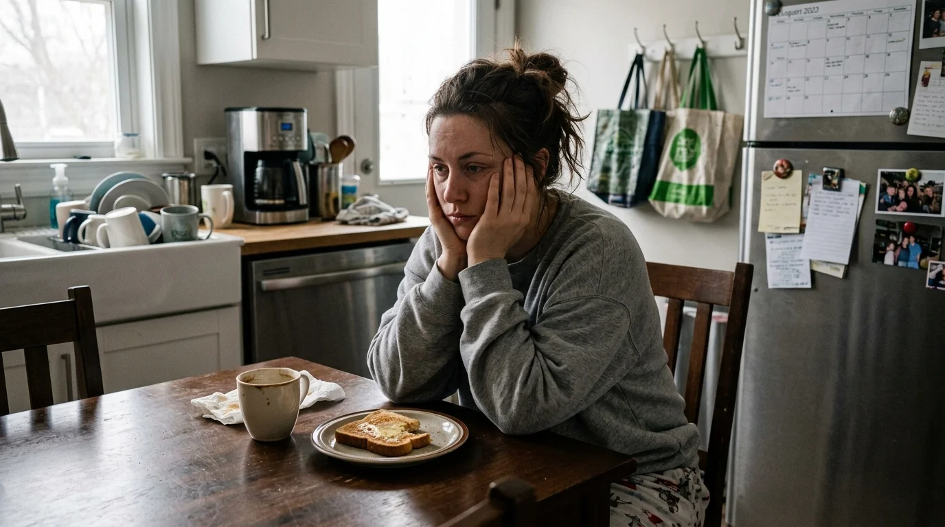 A tired person in loungewear slumps at a messy kitchen table, staring blankly in the morning light.