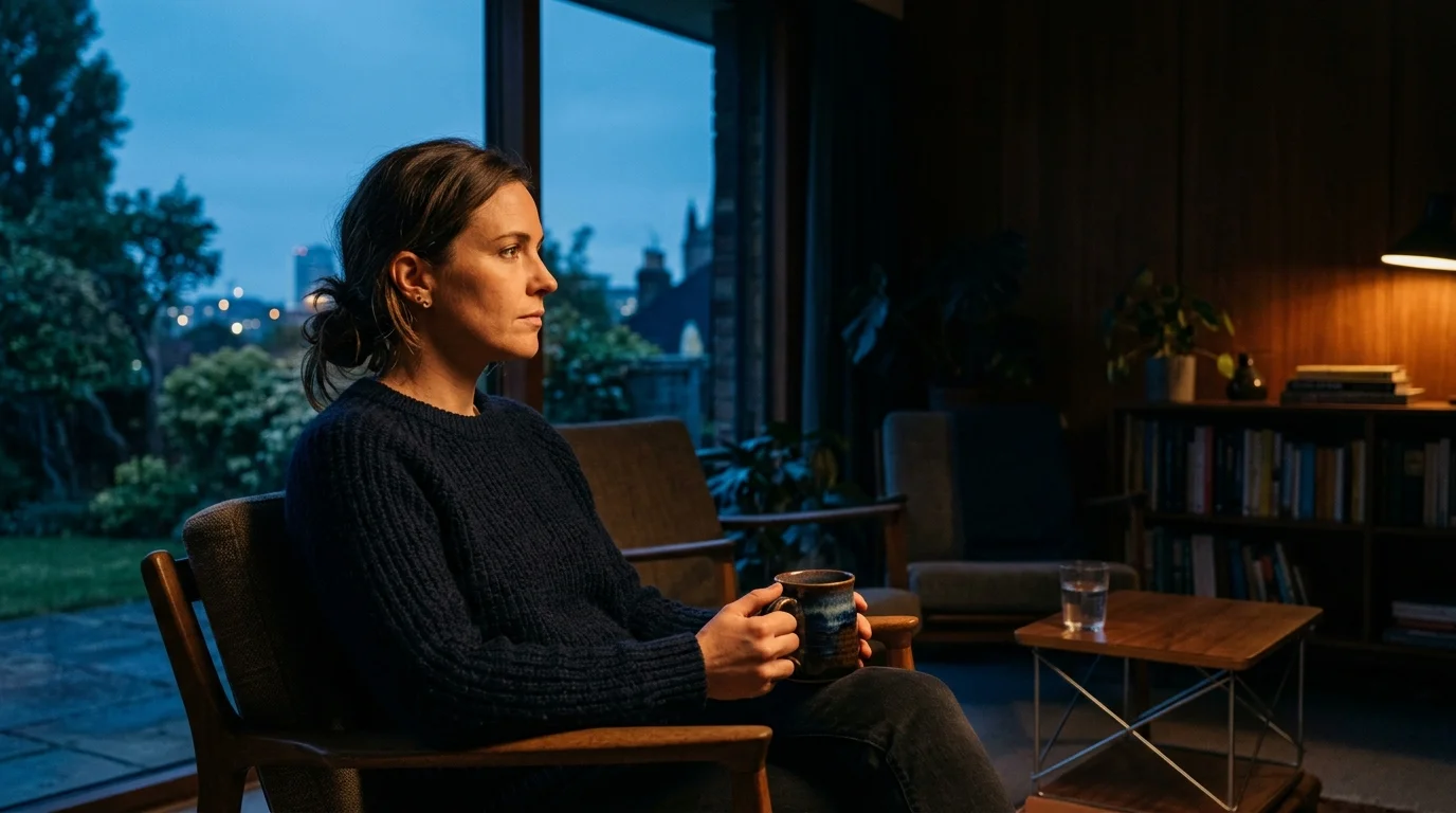 A warm, contemplative 35mm photo of a woman looking out a window at dusk, wrapped in soft lamplight and quiet thoughts.