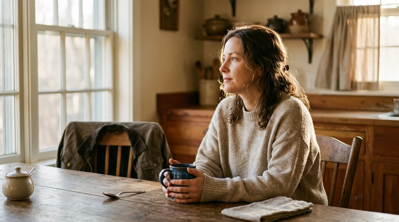 A warm film photograph of a woman sitting alone at a kitchen table in afternoon light, looking thoughtfully out the window.