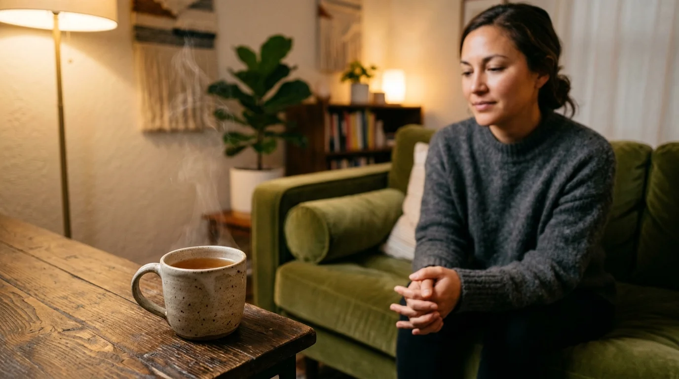 A warm, softly lit photograph of a ceramic tea mug on a wooden table in a cozy, welcoming therapy room.
