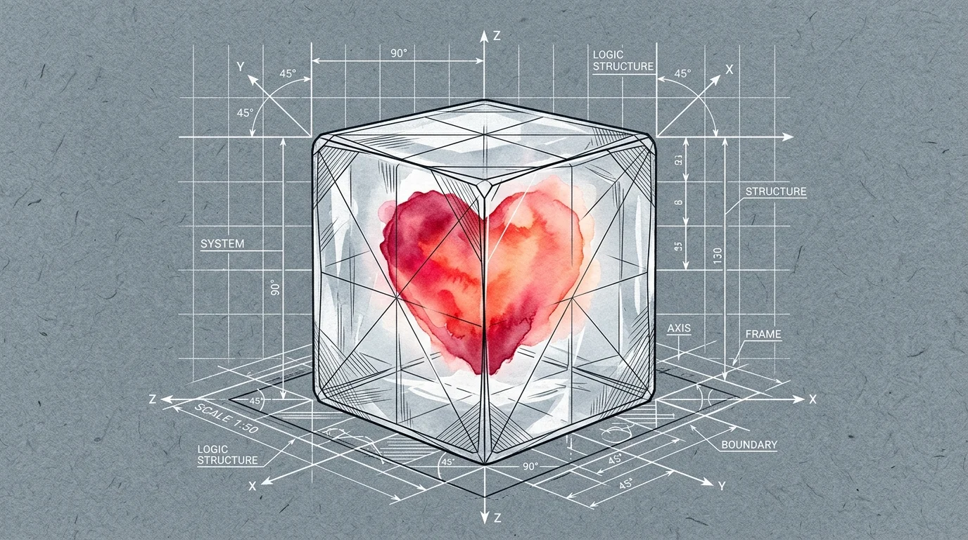 A warm watercolor heart encased inside a geometric block of ice, surrounded by blueprint lines.