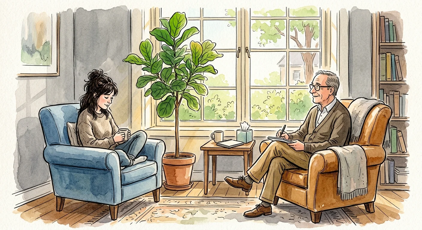 A warm watercolor illustration of a cozy therapy office with two chairs facing each other near a sunlit window.