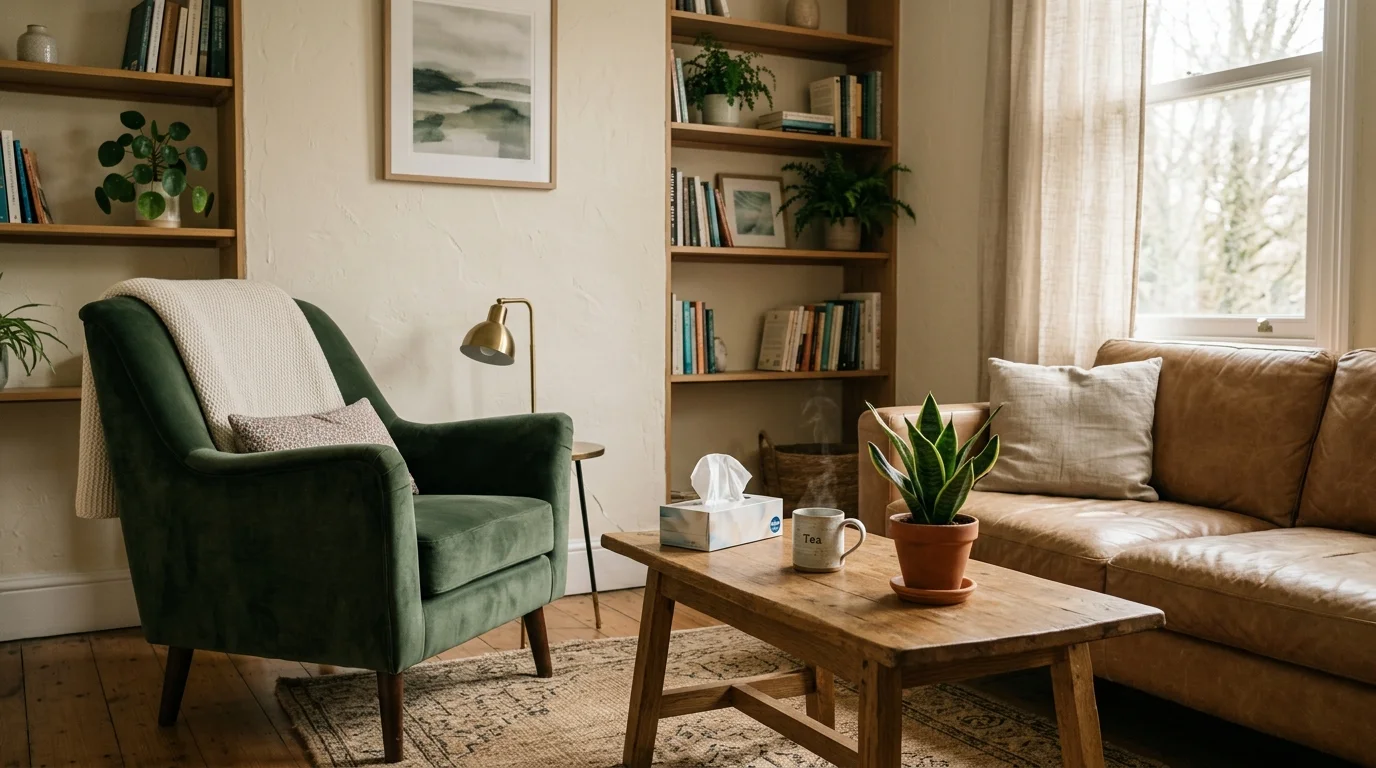A welcoming, warm corner of a therapist's office with a green armchair, soft light, and a potted plant.