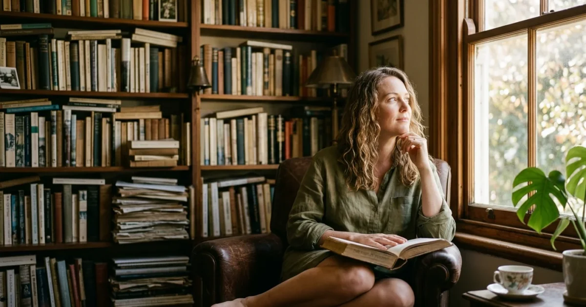 A woman sits in a sunlit home library, looking thoughtfully out a window with an open book on her lap.