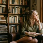 A woman sits in a sunlit home library, looking thoughtfully out a window with an open book on her lap.