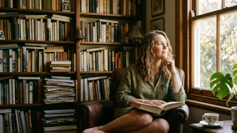 A woman sits in a sunlit home library, looking thoughtfully out a window with an open book on her lap.