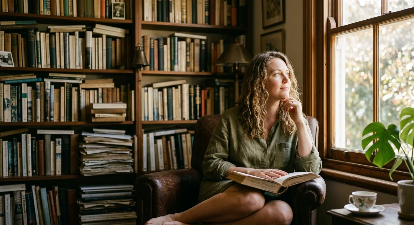 A woman sits in a sunlit home library, looking thoughtfully out a window with an open book on her lap.